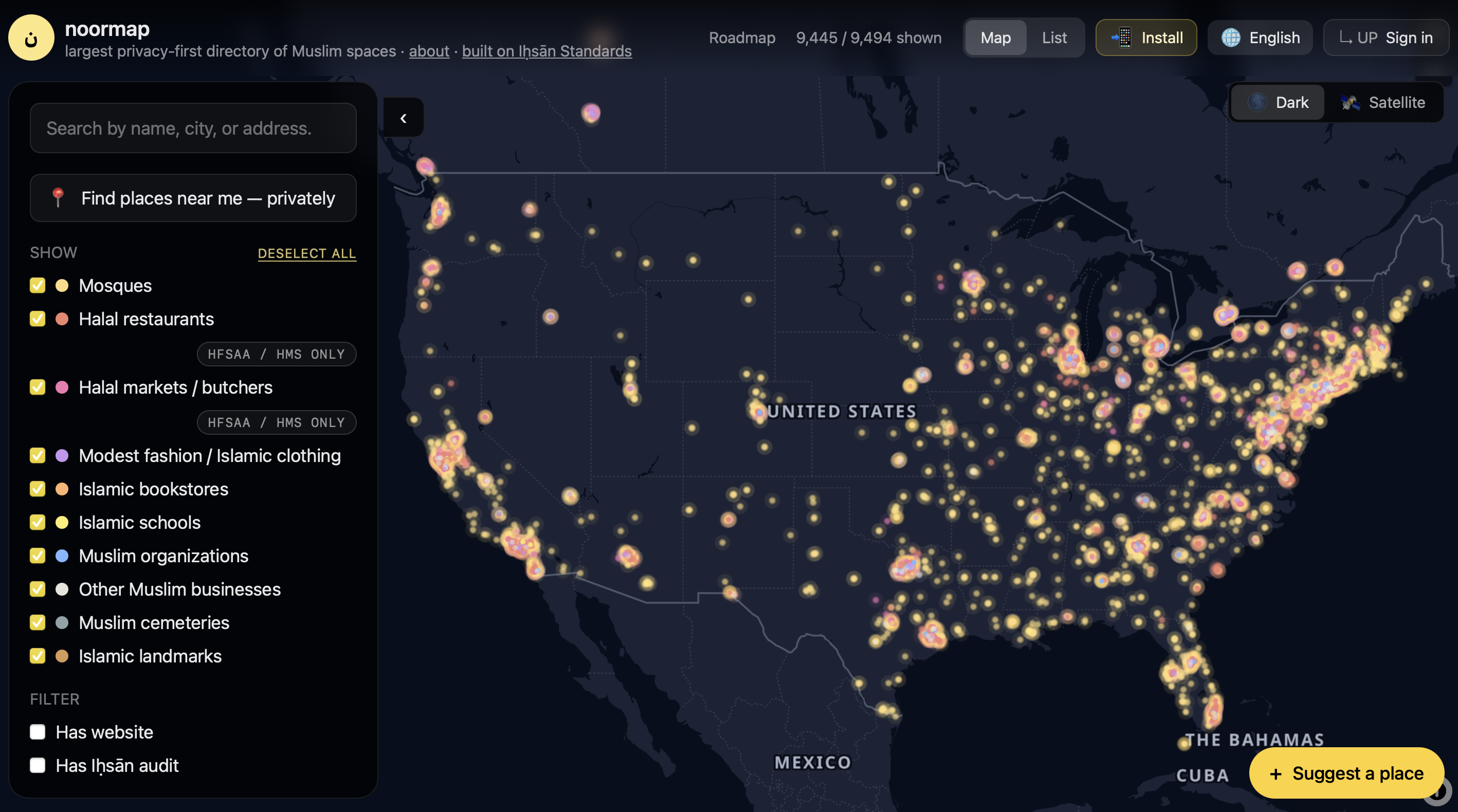Screenshot of NoorMap — the most comprehensive public map of Muslim spaces in the US, showing thousands of glowing pins across a dark-themed United States map with a sidebar of categories.